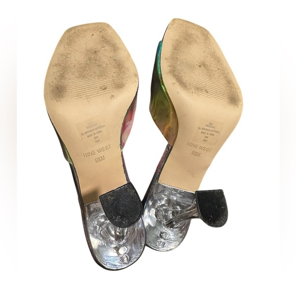 NINE WEST Zooza 3 Heeled Sandal Iridescent Heels Clear Heel Vintage Size 9.5M - Picture 6 of 7